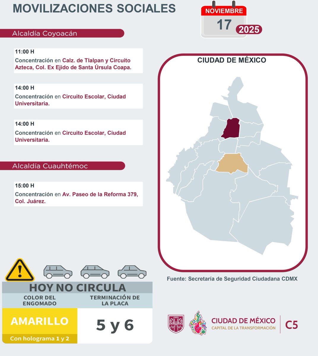 C5_CDMX's tweet photo. ⚠🗓 #ENTÉRATE | Para hoy, 17 de noviembre 2025, estas son las movilizaciones sociales previstas en la Ciudad de México.

#MovilidadCDMX #C5OjosDeLaCDMX 👀 #C5CorazónDeLaCDMX #OjosDeLaCiudad https://t.co/Tzu8jeKHNi