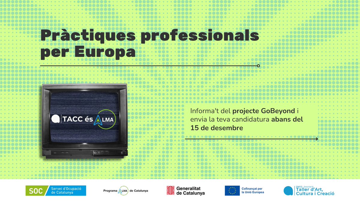 TACCbcn's tweet photo. Torna ALMA, el programa de #practiques professionals per Europa 🌍

Si tens entre 18 i 29 anys, no estudies ni treballes i vols participar d'una oportunitat de #mobilitatinternacional amb les despeses cobertes, el projecte #GoBeyond t'està esperant! https://t.co/s95wfONM3j