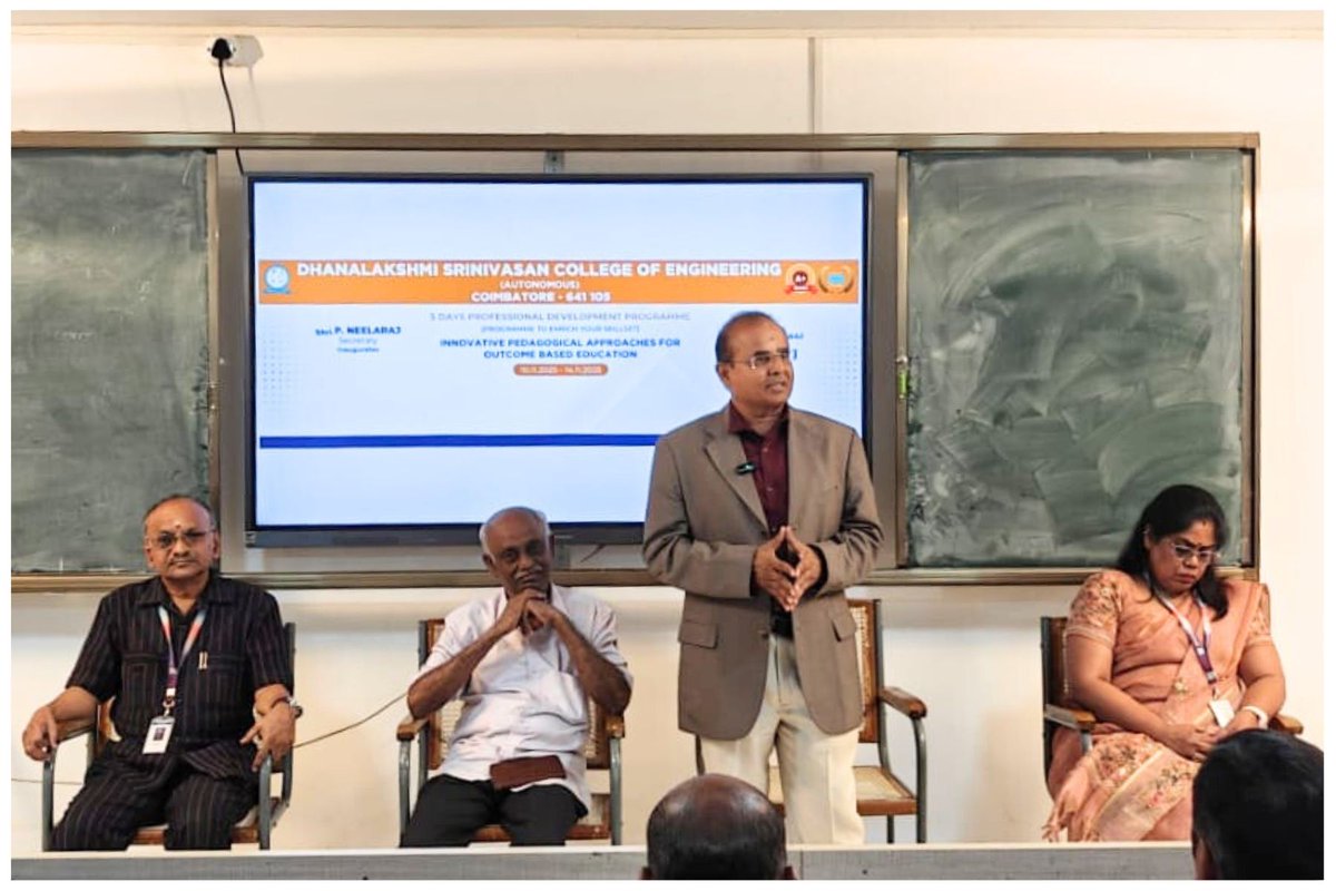 nitttr_chennai's tweet image. NITTTR Chennai conducted a Professional Development Programme on “Innovative Pedagogical Approaches for Outcome Based Education” from 10.11.2025 to 14.11.2025 at Dhanalakshmi Srinivasan College of Engineering (Autonomous), Coimbatore, Tamil Nadu, in contact mode. 

@dscecbe