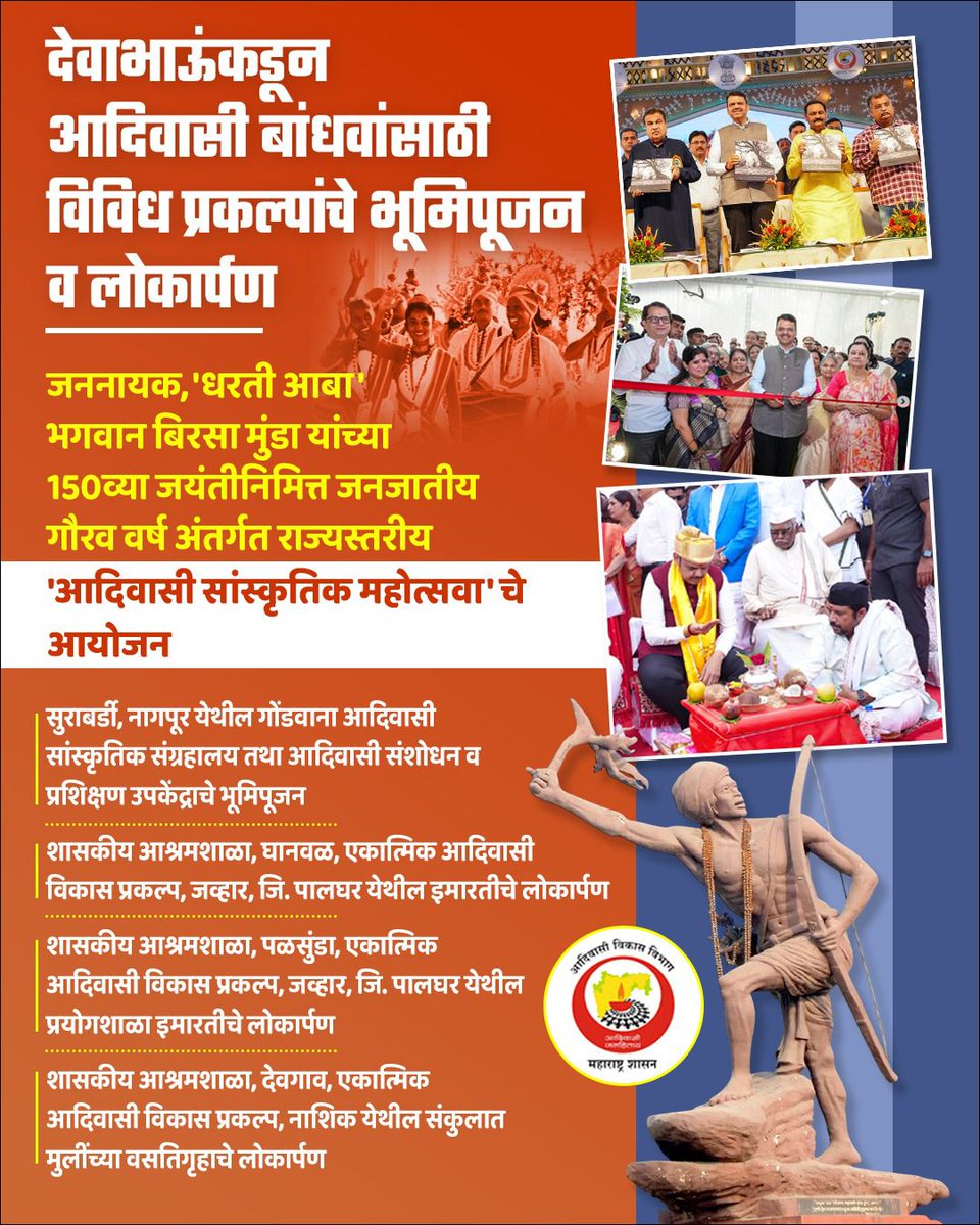 <a href="/Dev_Fadnavis/">Devendra Fadnavis</a> देवाभाऊंकडून आदिवासी बांधवांसाठी विविध प्रकल्पांचे भूमिपूजन व लोकार्पण

जननायक, 'धरती आबा' भगवान बिरसा मुंडा यांच्या 150 व्या जयंतीनिमित्त जनजातीय गौरव वर्ष अंतर्गत राज्यस्तरीय

'आदिवासी सांस्कृतिक महोत्सवा' चे आयोजन