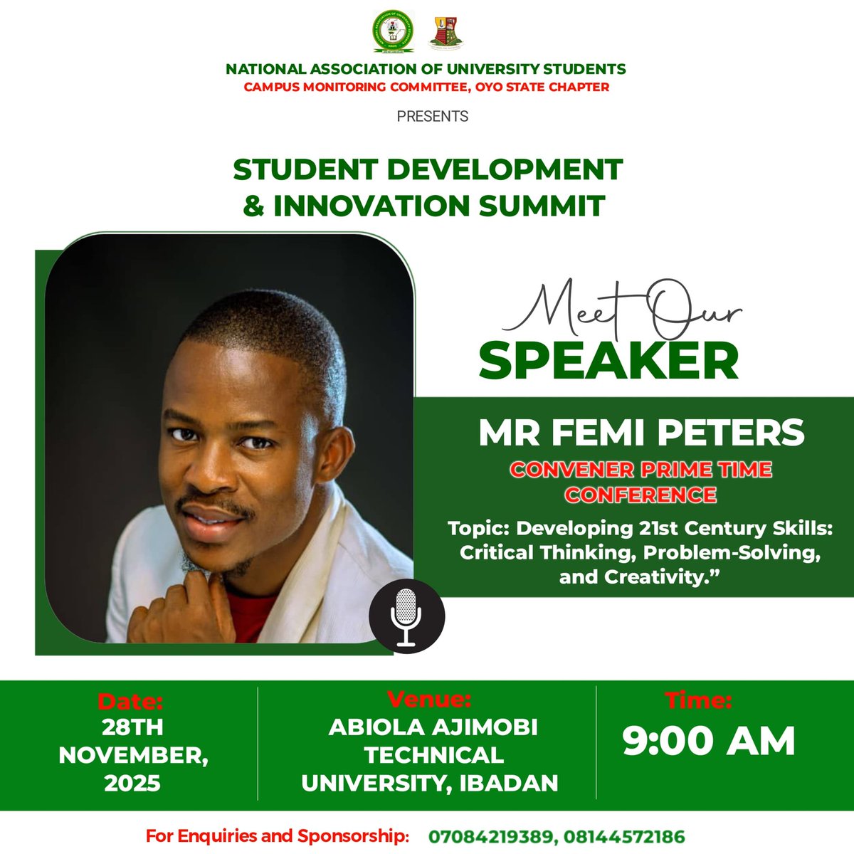 MEET OUR GUEST SPEAKER ~ MR FEMI PETERS 

#StudentSummit2025 #Innovation #Sustainability #oyostate #Ibadan #oyostatestudent