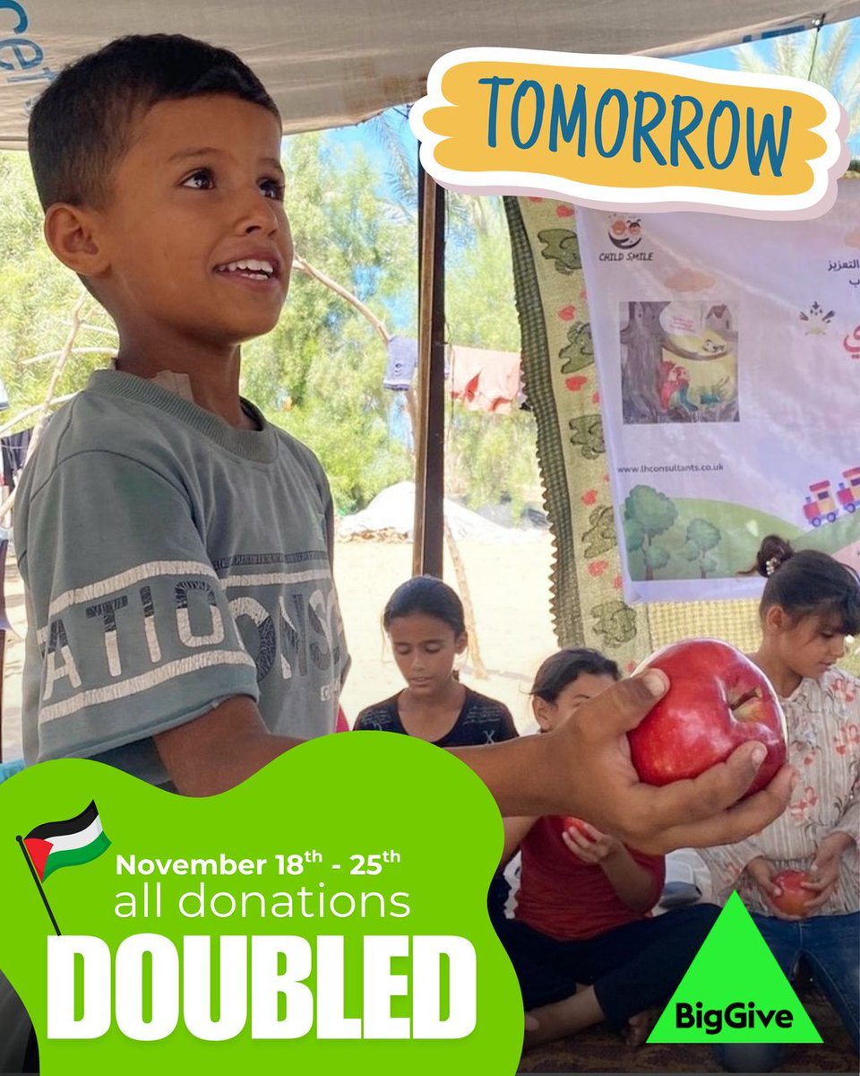⏰ This time tomorrow…

12pm, Tuesday 18th November
All donations DOUBLED 💥

Be ready to make double the impact to support children in Palestine:
👉 palestineplayprojects.org/biggive

#Palestine #ChildrenOfPalestine #RightToPlay #BigGive #DoubleYourImpact #SupportPalestine #DramaTherapy