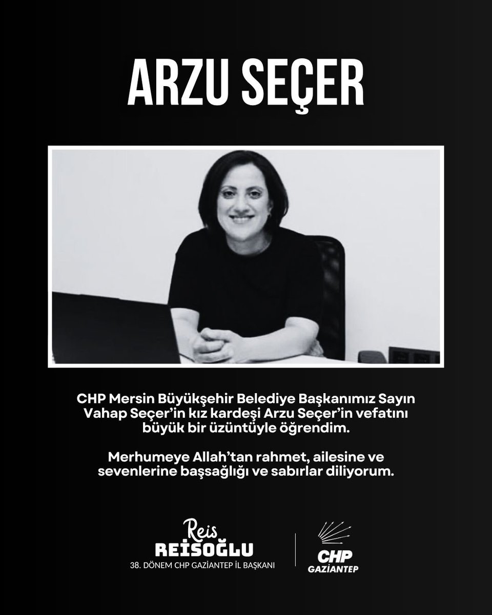 CHP Mersin Büyükşehir Belediye Başkanımız Sayın Vahap Seçer’in kız kardeşi Arzu Seçer’in vefatını büyük bir üzüntüyle öğrendim.

Merhumeye Allah’tan rahmet, ailesine ve sevenlerine başsağlığı ve sabırlar diliyorum.