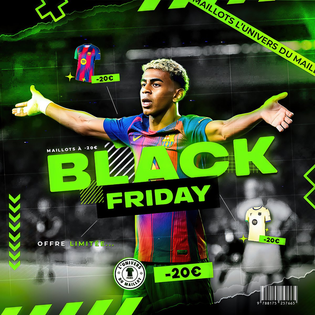 Deux affiches Black Friday réalisées pour un site e-commerce de maillots : une version Ousmane Dembélé et une version Yamal!

DA sombre, contrastée, pensée pour mettre en avant l’offre et attirer l’œil en homepage comme sur les réseaux,

Call : bento.me/arndvisual