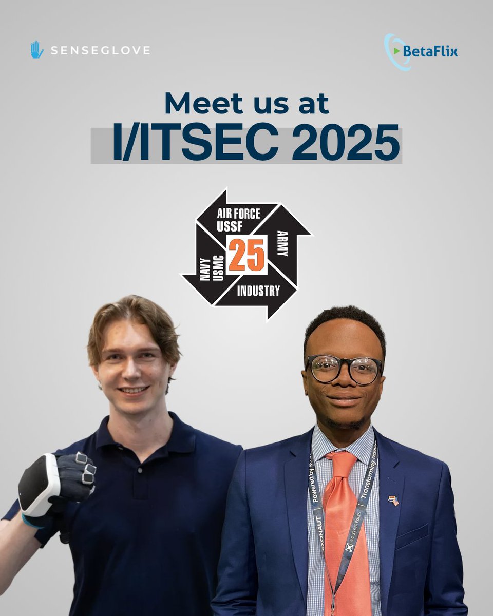 SenseGlove's tweet photo. We are heading to I/ITSEC 2025, the world’s largest event for modeling, simulation, and training

SenseGlove will be at Booth 1386 with Betaflix, providing live demos of the Nova 2 haptic force-feedback gloves.

𝟏-𝟒 𝐃𝐞𝐜𝐞𝐦𝐛𝐞𝐫, 𝐎𝐫𝐥𝐚𝐧𝐝𝐨, 𝐅𝐥𝐨𝐫𝐢𝐝𝐚 https://t.co/W6iPZB1Pym