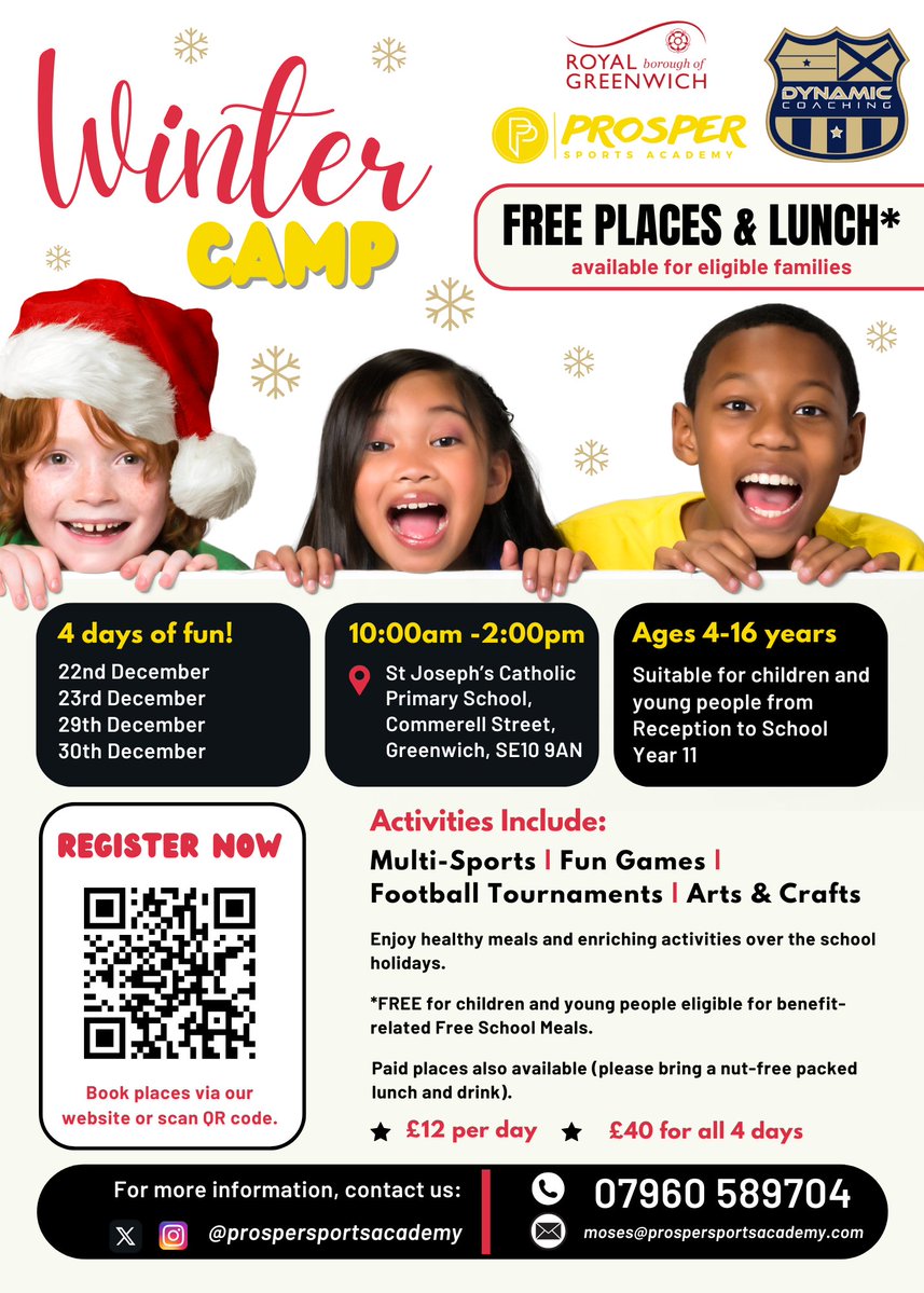 Winter HAF programme in conjunction with <a href="/DynamicCoachUK/">Dynamic Coaching UK</a> &amp; <a href="/Prospersports_/">Prosper Sports Academy</a> happening at St Joseph's SE10. Open to all 4-16 year olds in the local area.  Book your spaces now! form.jotform.com/240564777869375
<a href="/Royal_Greenwich/">Royal Borough of Greenwich</a>
#hafprogramme #winterfun #christmascamp