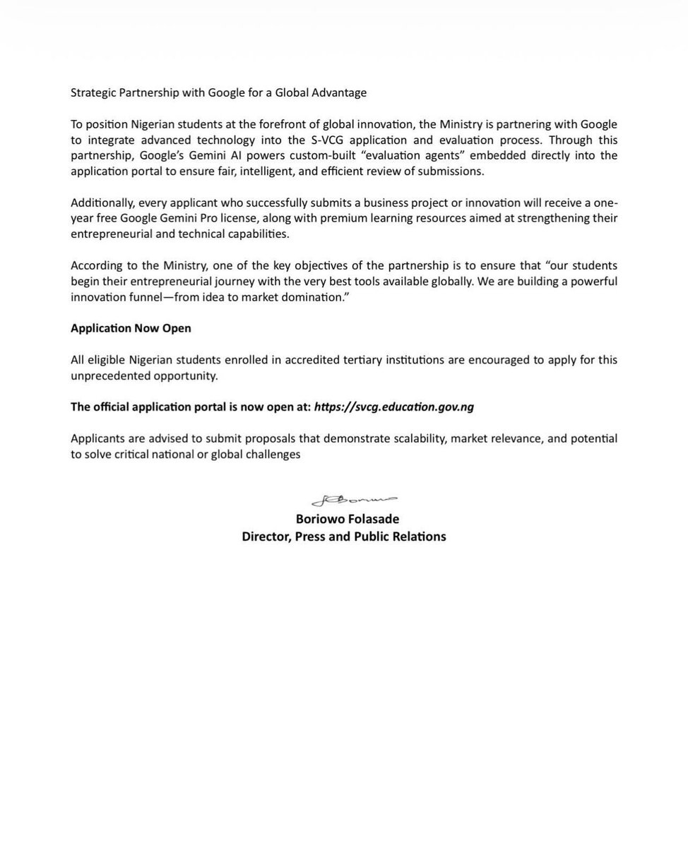 MSIngawa's tweet image. GRANT ALERT

FG Launches “Next Moonshoot” Initiative

Available Funding: N50m Students Venture Capital Grant (S-VCG). 

The initiative aims to ignite student-driven innovation by funding ventures that address real world challenges with clear potential for scale and…