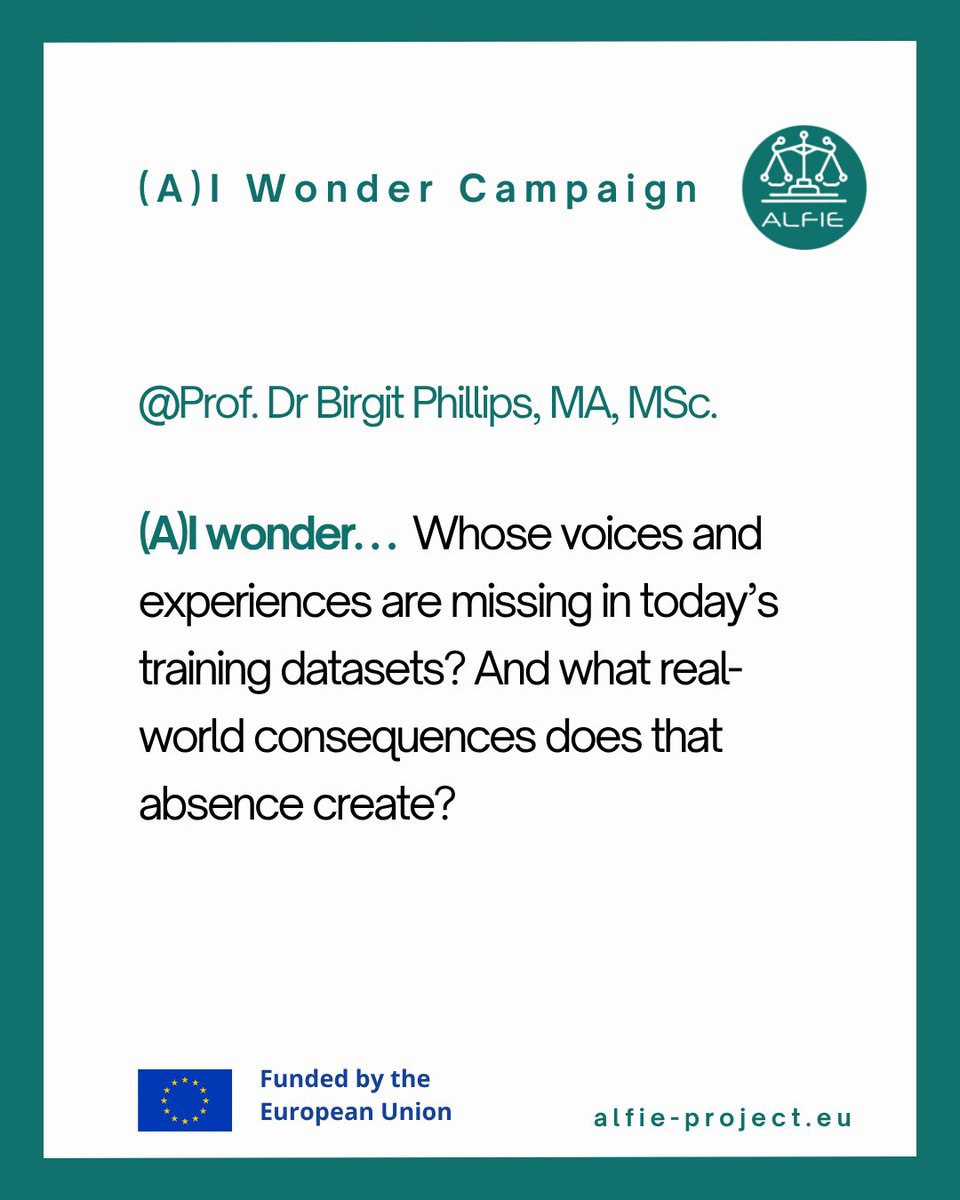 (A)I Wonder — Reflection #4 💭
AI learns from the data we feed it, and the gaps we ignore.

Prof. Dr Birgit Phillips calls for greater inclusion in the data shaping our technologies and societies.

🔗 Learn more: alfie-project.eu