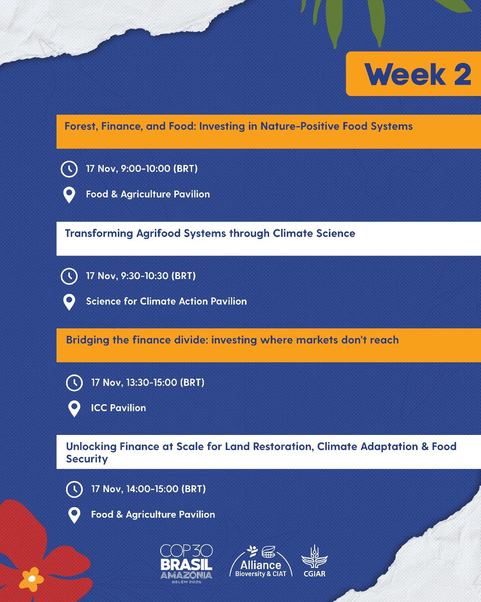 BiovIntCIAT_eng's tweet image. 🌎🌸 Week 2 at #COP30 in Belém—and the action continues with new side events turning science into solutions.
👉 Discover more: allbiociat.org/4oPSrL5