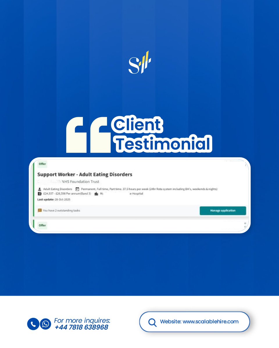 Scalablehire's tweet image. Another ScalableHire success story 🎉
Two new client offers — Healthcare Assistant and Support Worker roles — secured through the right strategy and consistent guidance.

Your own UK job breakthrough can start today.
Comment “READY” if you want the steps.

#ScalableHire #UKJobs