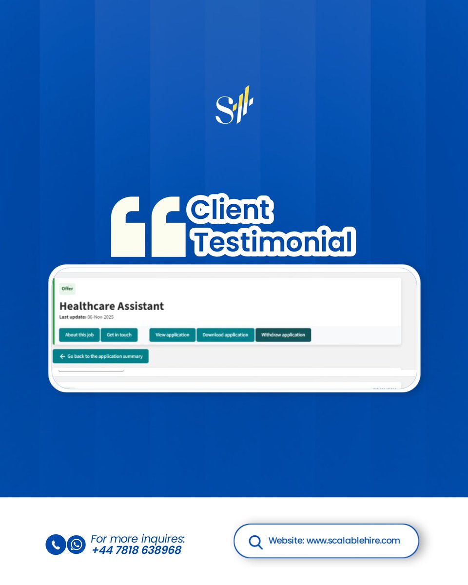 Scalablehire's tweet image. Another ScalableHire success story 🎉
Two new client offers — Healthcare Assistant and Support Worker roles — secured through the right strategy and consistent guidance.

Your own UK job breakthrough can start today.
Comment “READY” if you want the steps.

#ScalableHire #UKJobs