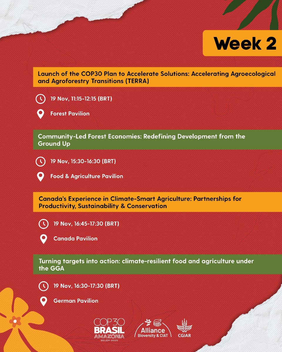 BiovIntCIAT_eng's tweet image. 🌎🌸 Week 2 at #COP30 in Belém—and the action continues with new side events turning science into solutions.
👉 Discover more: allbiociat.org/4oPSrL5