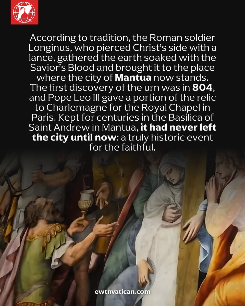 For the first time in history, the relic of the Most Precious Blood of Christ is leaving the Basilica of Saint Andrew in Mantua to be welcomed in Rome, at the Sanctuary of San Salvatore in Lauro, from November 17 to 25, 2025.

🩸 The relic will be at the center of a week of