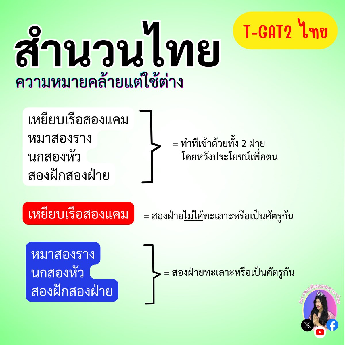 tutorjax's tweet image. 🟢 สำนวนไทย #TGAT2 ตำแหน่งข้อ 61-80
#TGAT #tgat69
#DEK69 #Alevel69
#dek69
#ภาษาไทยALevel
#ALevelภาษาไทย
#ภาษาไทยALevelแม่Jax