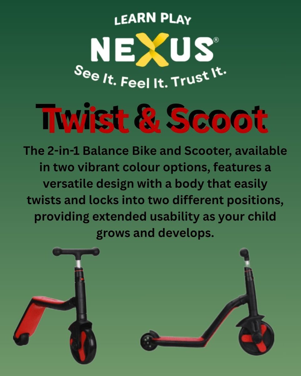 🚴♂️ Twist it. Scoot it. Love it! 😍
The Twist &amp; Scoot is the ultimate 2-in-1 ride-on that grows with your child!
Start as a balance bike, then twist into a scooter — double the fun, double the adventure. 🔁✨
Available in two bold colours for endless outdoor play! 🌈