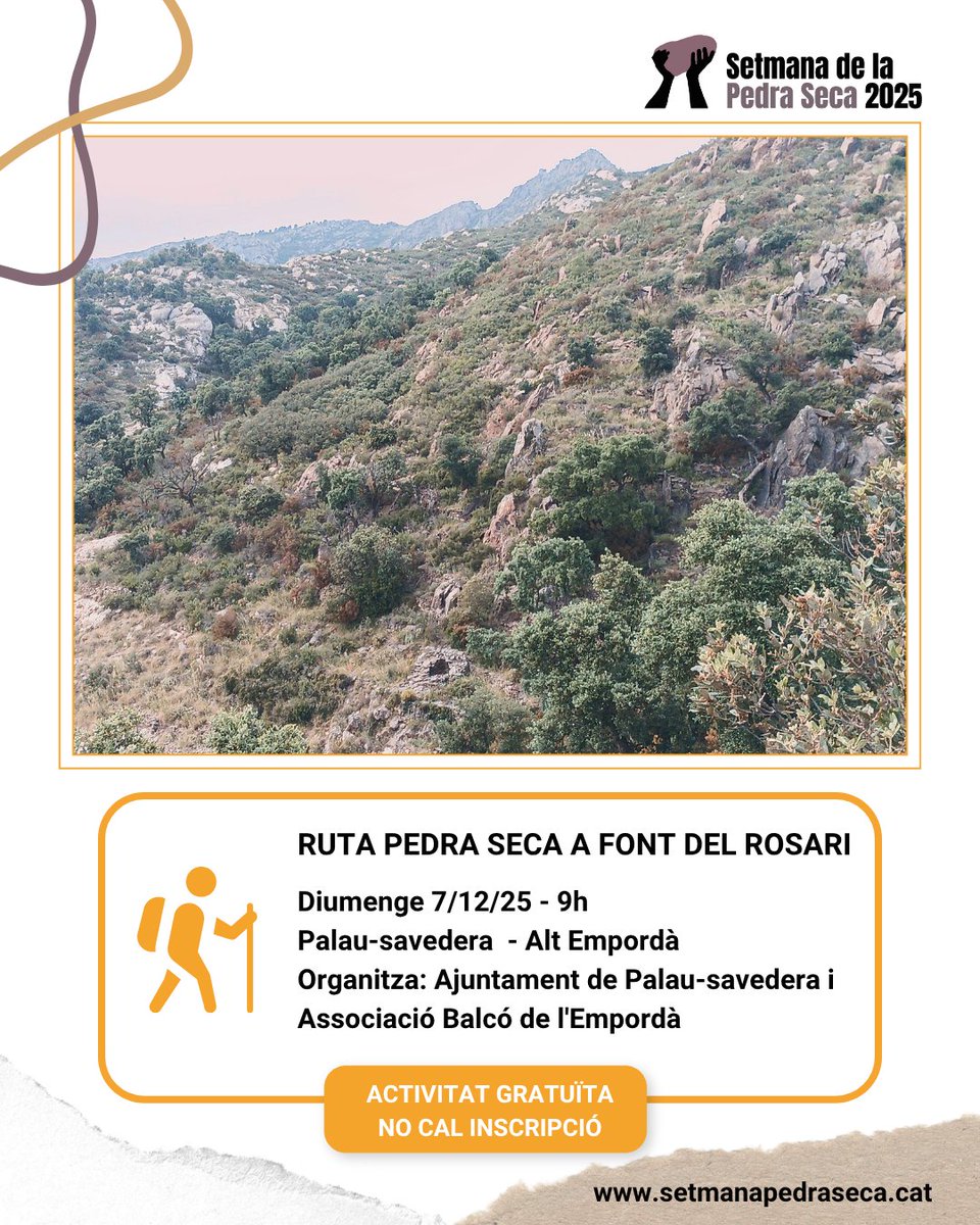 SetmPedraSeca's tweet image. 🟠 DESCOBERTA
🚶‍♀️Ruta Pedra Seca a Font del Rosari

🗓7/12
⏰9h
📍Palau-savedera
📌Organitza: Ajuntament de Palau-savedera i Associació Balcó de l&apos;Empordà
➕Info, calendari i mapa👇
setmanapedraseca.cat/activitats/age…

#SetmanaPedraSeca25 #PedraSeca