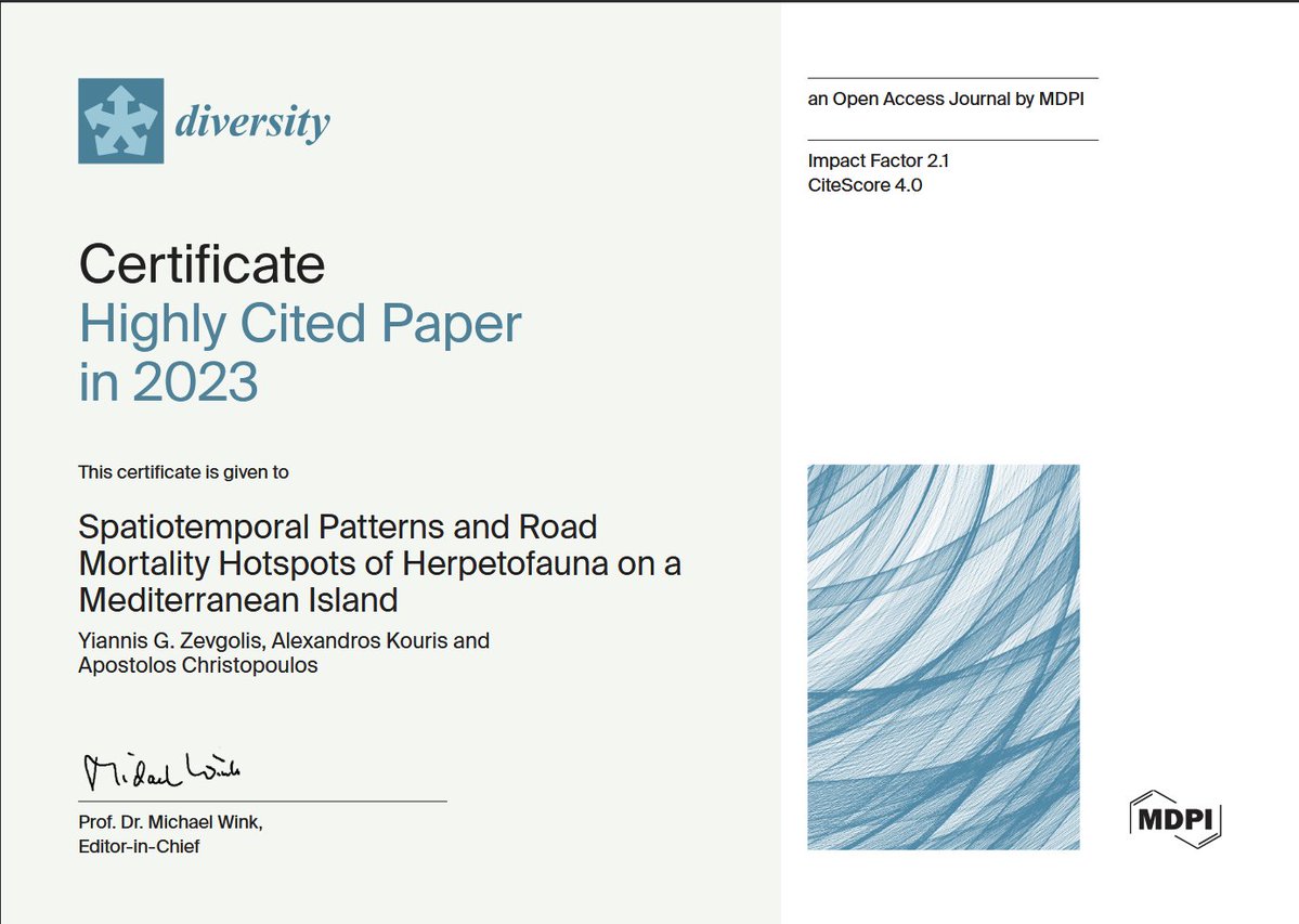 DiversityMDPI's tweet image. 📖 Welcome to read the Diversity Highly Cited Paper:

🦎 Spatiotemporal Patterns and Road Mortality Hotspots of Herpetofauna on a Mediterranean Island

👥 Yiannis G. Zevgolis et al.
🔗 Please read: brnw.ch/21wXyLV

#Reptiles #Amphibians #SpatialStatistics #Diversity