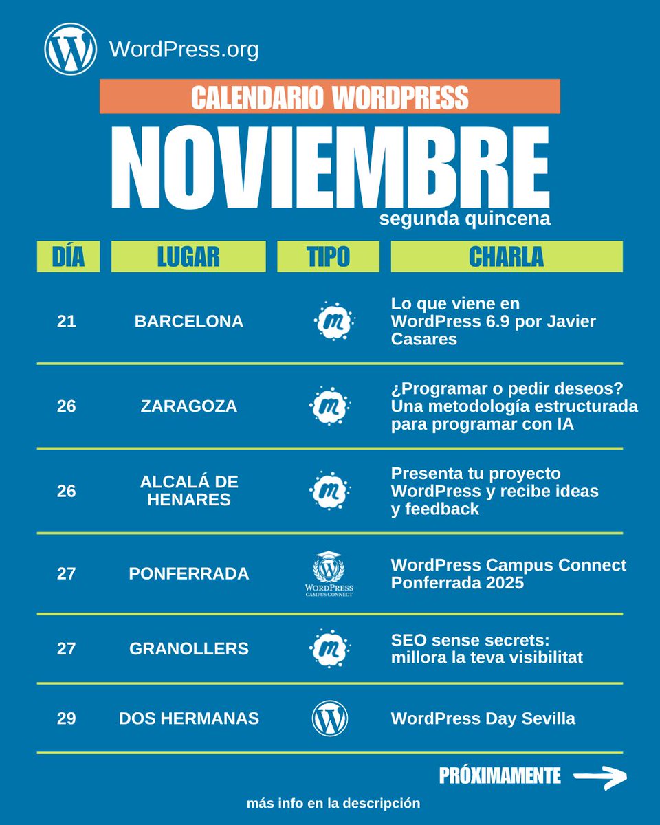 wp_es's tweet image. Si quieres aprender y conocer a gente increíble del mundillo, esta quincena tienes un plan perfecto. 

Elige tu evento más cercano ¡y no te quedes sin sitio!

No hace falta experiencia, solo ganas de aprender y conocer gente.

Te esperamos.

Síguenos para estar informado de todo.