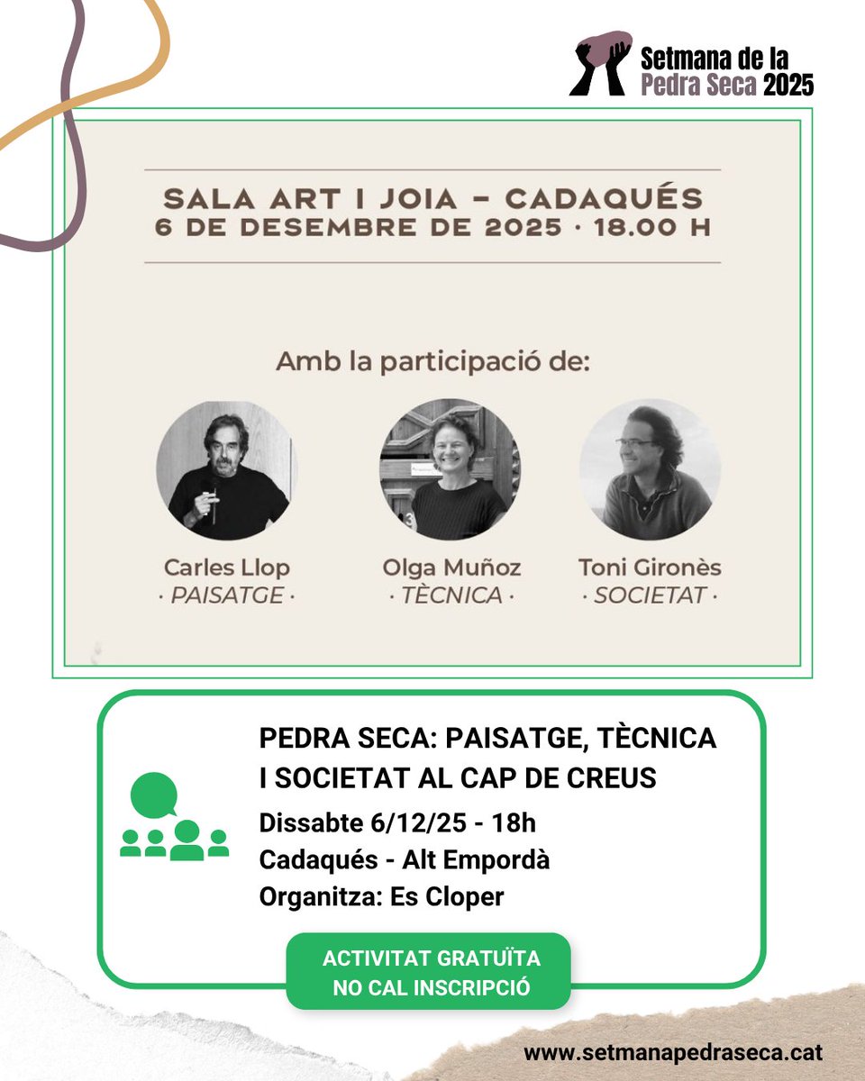 SetmPedraSeca's tweet image. 🟢 DIVULGACIÓ
🗣️Pedra seca: Paisatge, tècnica i societat al Cap de Creus

🗓6/12
⏰18h
📍Cadaqués
📌Organitza: Es Cloper
➕Info, calendari i mapa👇
setmanapedraseca.cat/activitats/age…

#SetmanaPedraSeca25 #PedraSeca