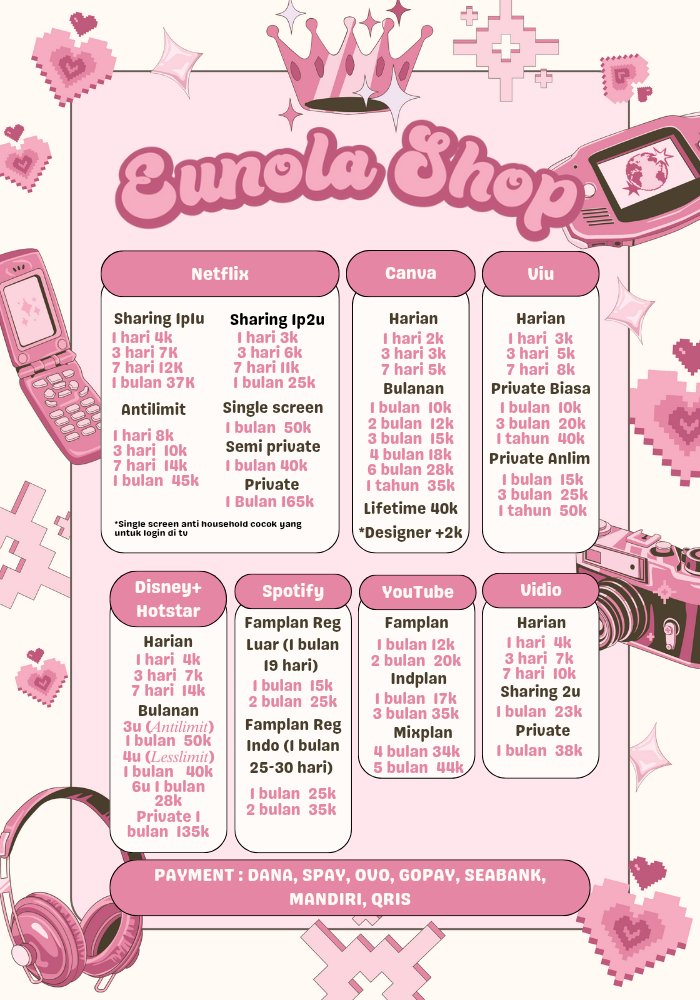 treishtk's tweet image. WTS WTB JUAL APLIKASI PREMIUM IQIYI CANVA PRO NETFLIX WATTPAD GAGAOOLALA DISNEY+ HOTSTAR WETV YOUTUBE VIDIO PLATINUM LOKLOK DRAKOR ID YOUKU AMAZONE PRIME! 

Contact me! 
wa.me/6289519396042
Butterflies #zonajajan #zonauang