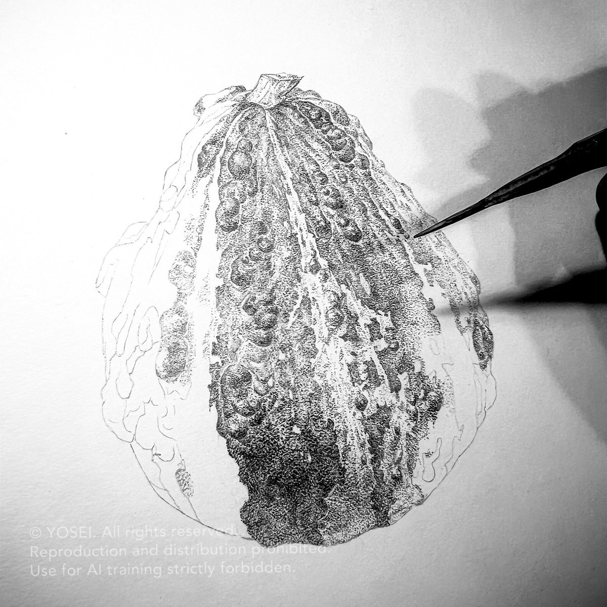 やっと下まで塗れてきたぞ
影の中にも凸凹や柄はある
奥にも空間が広がっている感じをだしたいな〜
#進捗