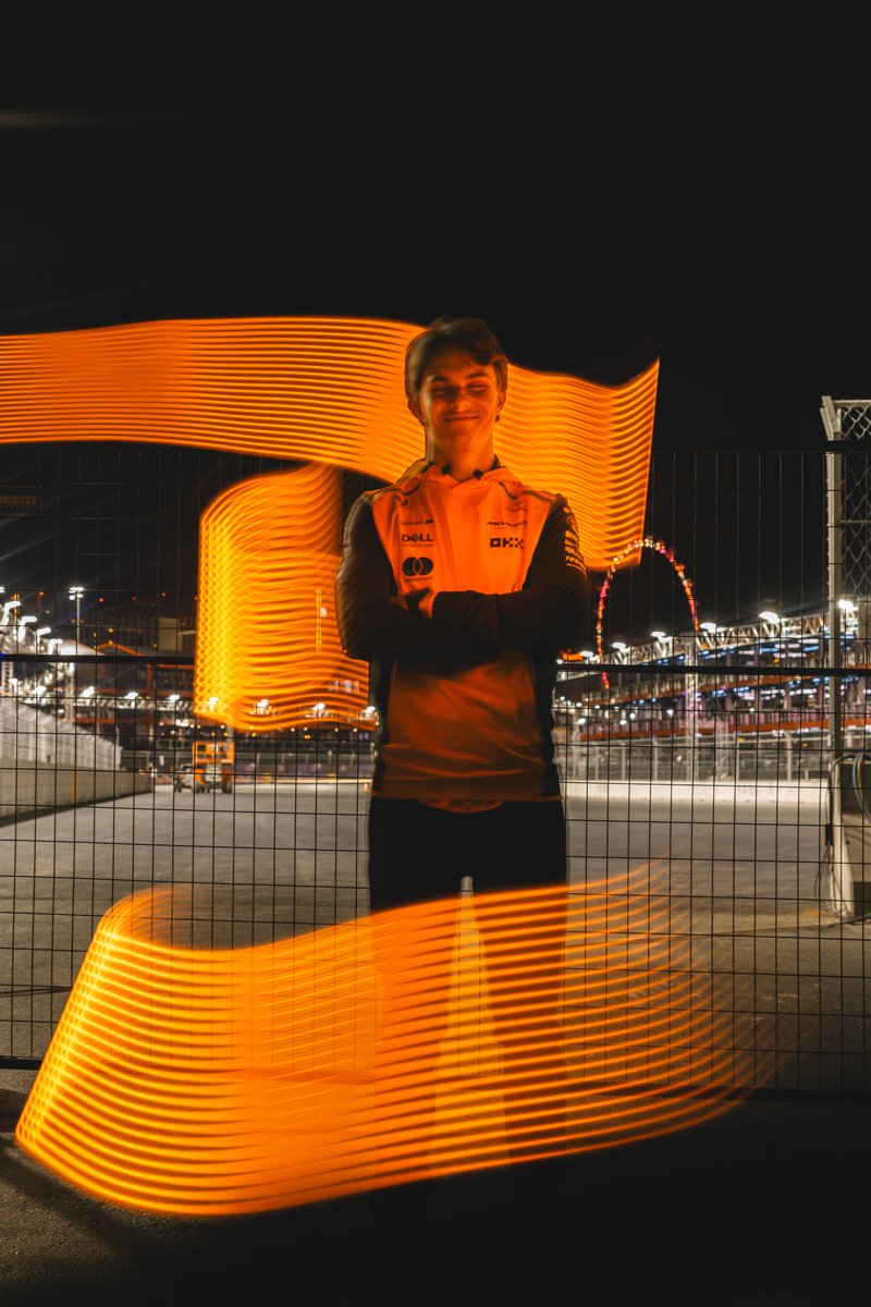 McLarenF1's tweet photo. Neon city, papaya duo 🌃🧡

#McLaren | #LasVegasGP ♦️ https://t.co/oLGNH41pOm