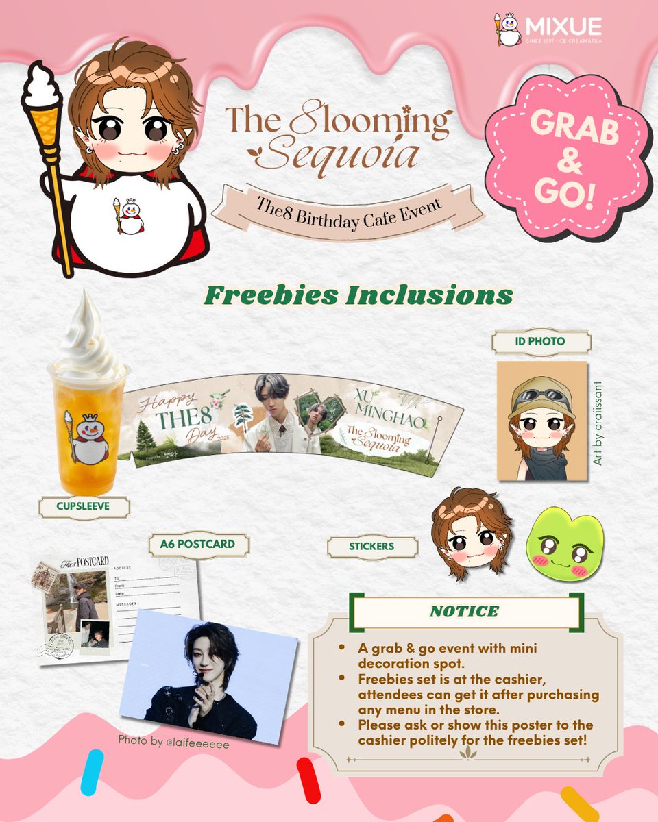 🌳 The 𝟖looming 𝑺equoia 🕊️
✨ 𝑾here its branches settle along our paths 🍃

🎱 THE8 Birthday Cupsleeve Event 🍦

🗓️ 23.11.2025
📍 Mixue Plaza Blok M

The8's birthday is not over yet! Something sweet is ready to serve, come and get it!
#The8loomingSequoia
#徐明浩 #Minghao