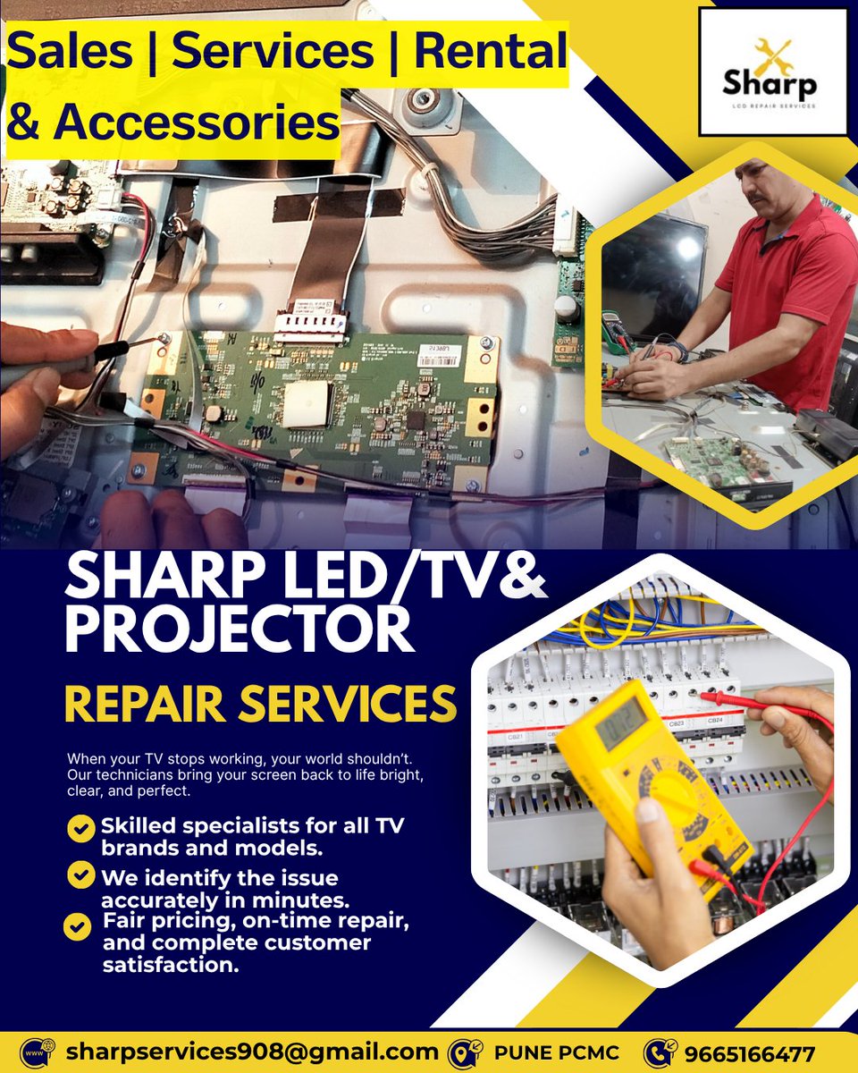 services33055's tweet image. Is your TV or projector not working?
We’ve got you covered! 👇
 Sharp LED/TV &amp;amp; Projector Repair
 Fast &amp;amp; accurate diagnosis
 Expert technicians
Fair pricing

📞 9665166477 | 📍 Pune PCMC
📩 sharpservices908@gmail.com
#TVRepair #LEDRepair #ProjectorRepair #Pune