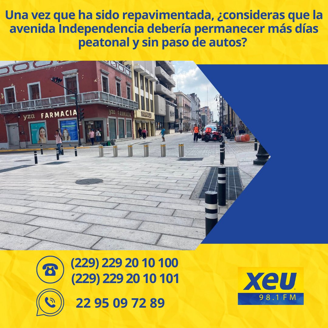 xeunoticias's tweet photo. 📌 Una vez que ha sido repavimentada, ¿consideras que la avenida Independencia debería permanecer más días peatonal y sin paso de autos?
#SondeoXEU https://t.co/7OPuDTpDgW