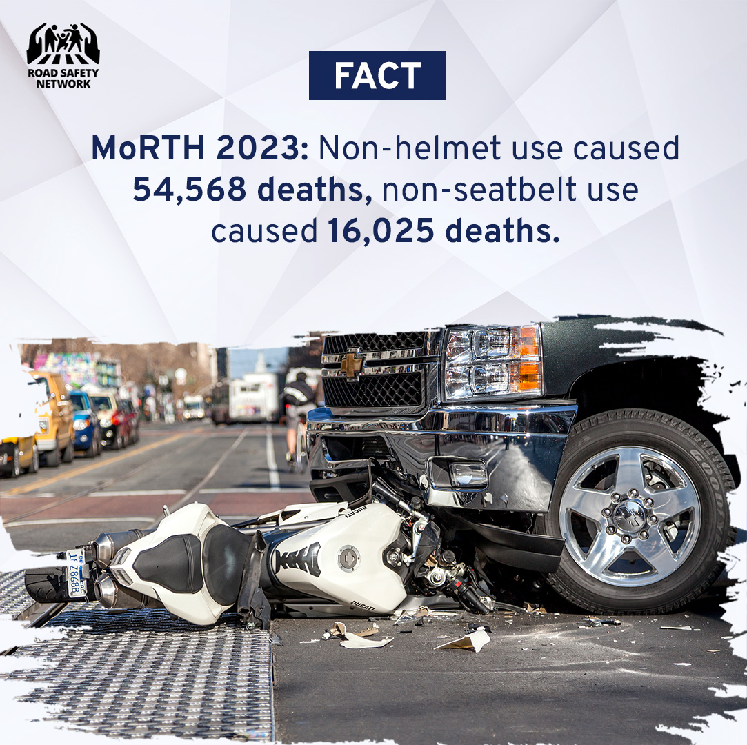 RoadSafetyNetwk's tweet image. Think a short ride is “safe enough” to skip your helmet or seatbelt? Think again. 

#MoRTH 2023 reports: 54,568 deaths due to not wearing helmets and 16,025 deaths due to not wearing seatbelts​. #Safety is non-negotiable.​
​
#MondayMythBuster #RSNVoices