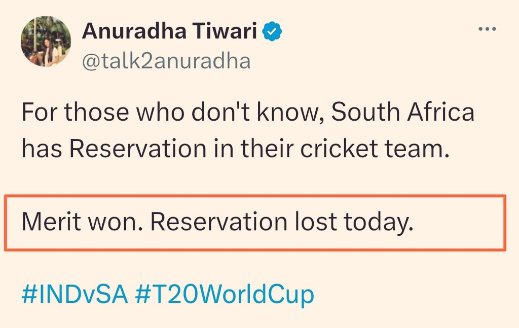 SurajKrBauddh's tweet photo. Caste-merit lost, reservation won!

Anuradha Tiwari had spewed huge hate against reservation when South Africa lost a T20 Cricket World Cup match in 2024.

Now the SA team has won a great victory over India in the first test match, 2025. So she is mum hanging her head in shame.🤣 https://t.co/RWuShrD2LB