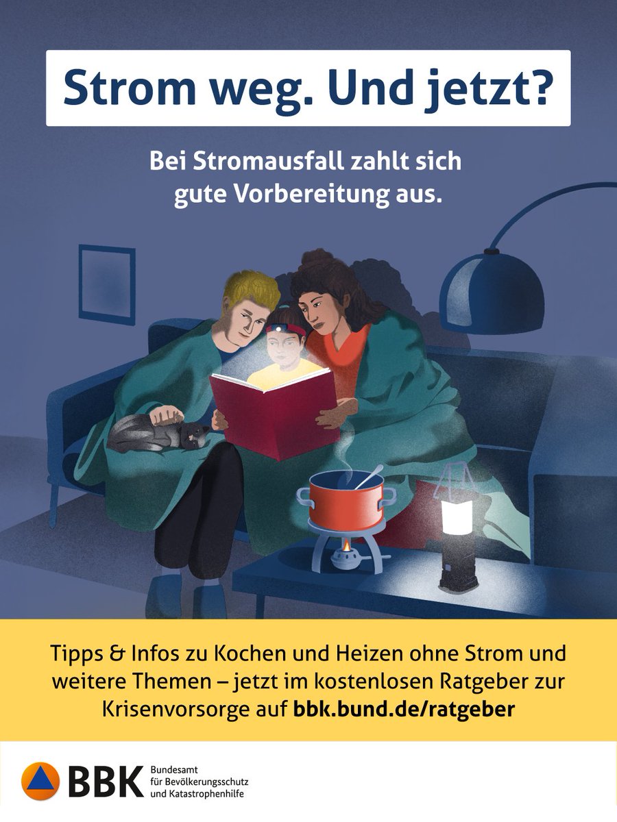 BBK_Bund's tweet photo. Kein Licht, kein Herd, kein Handy – ohne Strom steht schnell alles still. Wie man sich darauf
richtig vorbereitet, erklärt der kostenlose Ratgeber zur Krisenvorsorge. https://t.co/VSdZ2zSmpE https://t.co/zZ77nmPs8F