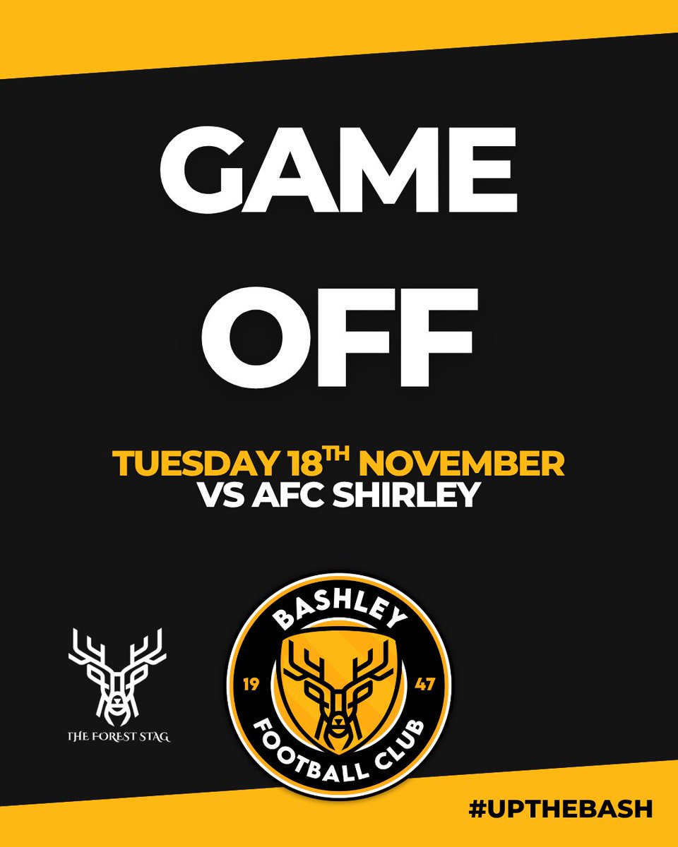 ❌ GAME OFF

Our cup fixture against AFC Shirley has been cancelled ahead of tomorrow.

We have since been drawn to Sporting Wessex FC with a new date tbc…

Updates will follow soon Bash Fans💛🖤

#Upthebash