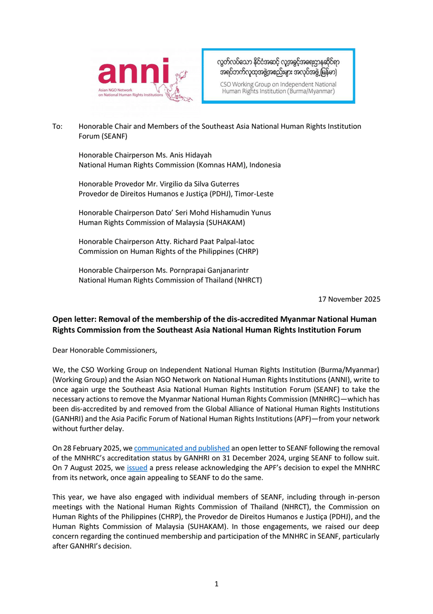 PVamplify's tweet photo. 📢Today, @WG_MNHRI & Asian NGO Network on National Human Rights Institutions #ANNI, urge the Southeast Asia National Human Rights Institution Forum #SEANF to remove junta controlled #MNHRC from its network, following its removal from #GANHRI & #APF.
📩 https://t.co/8eNztzkdXA https://t.co/a2RbFmVChC