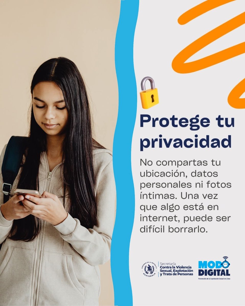 secretariasvet's tweet image. 🔒 Estas vacaciones, protégete en internet.

1️⃣ No compartas datos personales ni fotos íntimas.
2️⃣ No aceptes solicitudes de desconocidos.
3️⃣ Si un mensaje te incomoda: NO respondas, bloquea y pide ayuda.

Llama al 110 o 1510 de @PNCdeGuatemala

#SVETGuatemala #ModoDigital