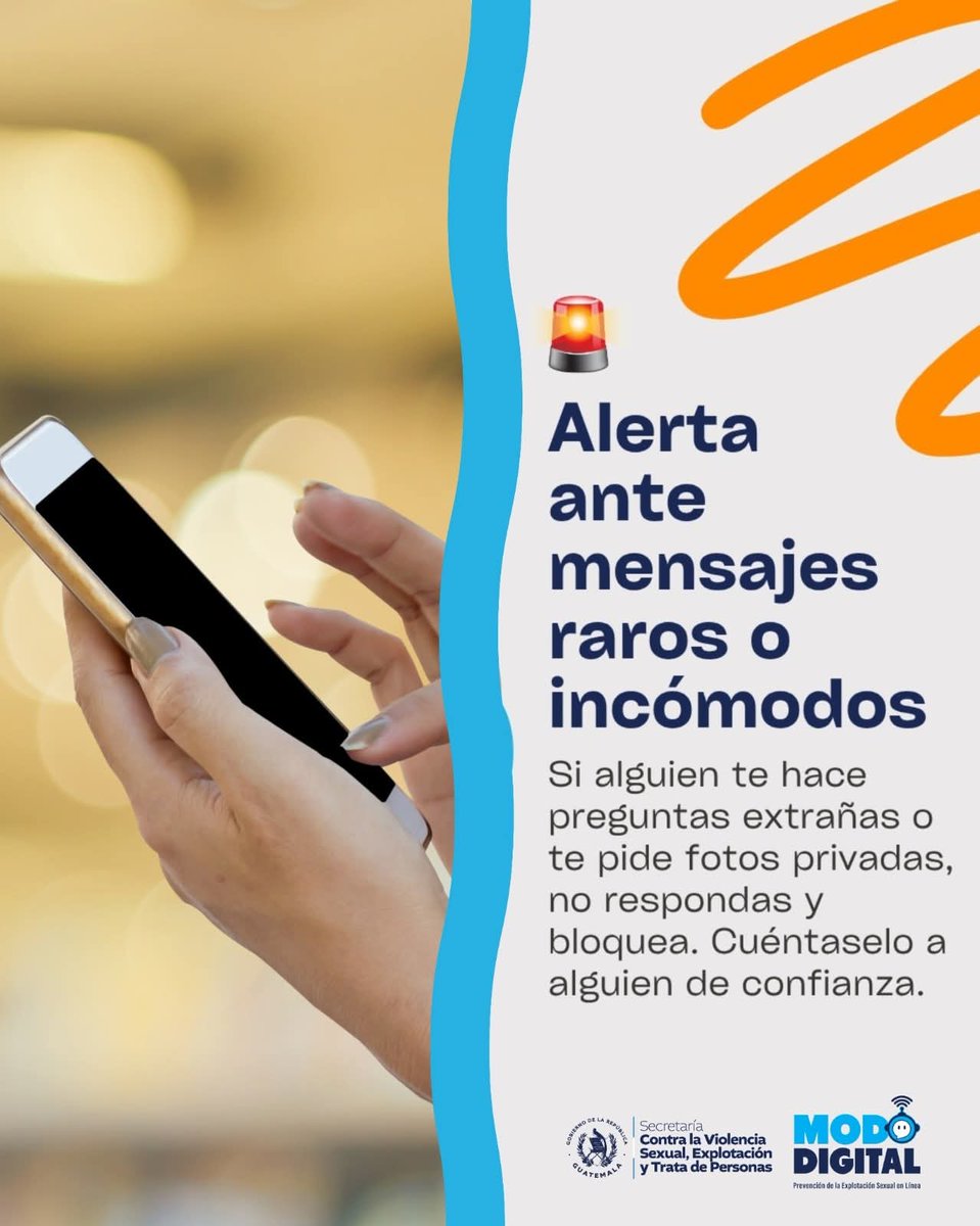 secretariasvet's tweet image. 🔒 Estas vacaciones, protégete en internet.

1️⃣ No compartas datos personales ni fotos íntimas.
2️⃣ No aceptes solicitudes de desconocidos.
3️⃣ Si un mensaje te incomoda: NO respondas, bloquea y pide ayuda.

Llama al 110 o 1510 de @PNCdeGuatemala

#SVETGuatemala #ModoDigital