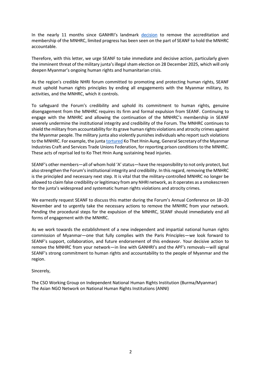 PVamplify's tweet photo. 📢Today, @WG_MNHRI & Asian NGO Network on National Human Rights Institutions #ANNI, urge the Southeast Asia National Human Rights Institution Forum #SEANF to remove junta controlled #MNHRC from its network, following its removal from #GANHRI & #APF.
📩 https://t.co/8eNztzkdXA https://t.co/a2RbFmVChC