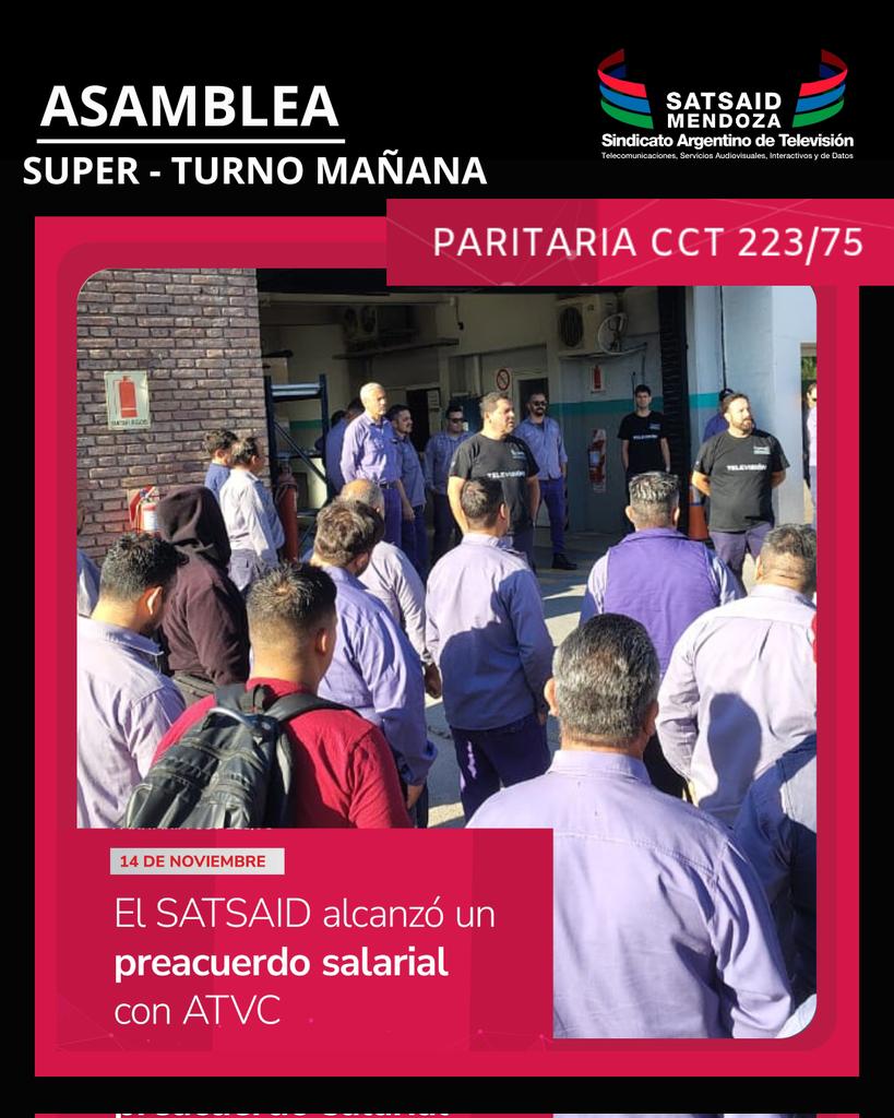 SATSAID_MENDOZA's tweet photo. 🇬🇲 ASAMBLEAS 🇬🇲
Compañeros y compañeras de SUPER (turno mañana) reunidos en asamblea pusieron a consideración el preacuerdo salarial al que se llegó con ATVC.
#satsaid #satdaidenlucha #satsaidmendoza #paritaria #supercanal #atvc #mendoza #mendozaargentina https://t.co/4B6cp0uuiH
