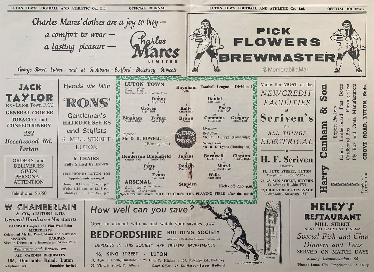 Arsenal 0 Luton Town 3
Div1 26/12/59 Att.31,331
Luton Town 0 Arsenal 1
Div1 28/12/59 Att.27,055
Tony Gregory (2) &amp; Gordon Turner with Luton’s goals at Highbury, Len Julians with the only goal at Kenilworth Road.
Relegation season for Luton, Arsenal finished 13th.
#LTFC #AFC