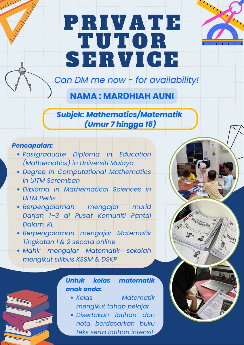 auneaaa's tweet image. Maths is not hard — you just need the right guide ✨
Kelas Tutor Matematik online untuk Darjah 1–Tingkatan 3, diajar langkah demi langkah.
Nota dan latihan disediakan, ikut tahap dan keperluan pelajar.
DM sekarang untuk semak slot yang masih ada! 

Daripada, Cikgu Auni ✨