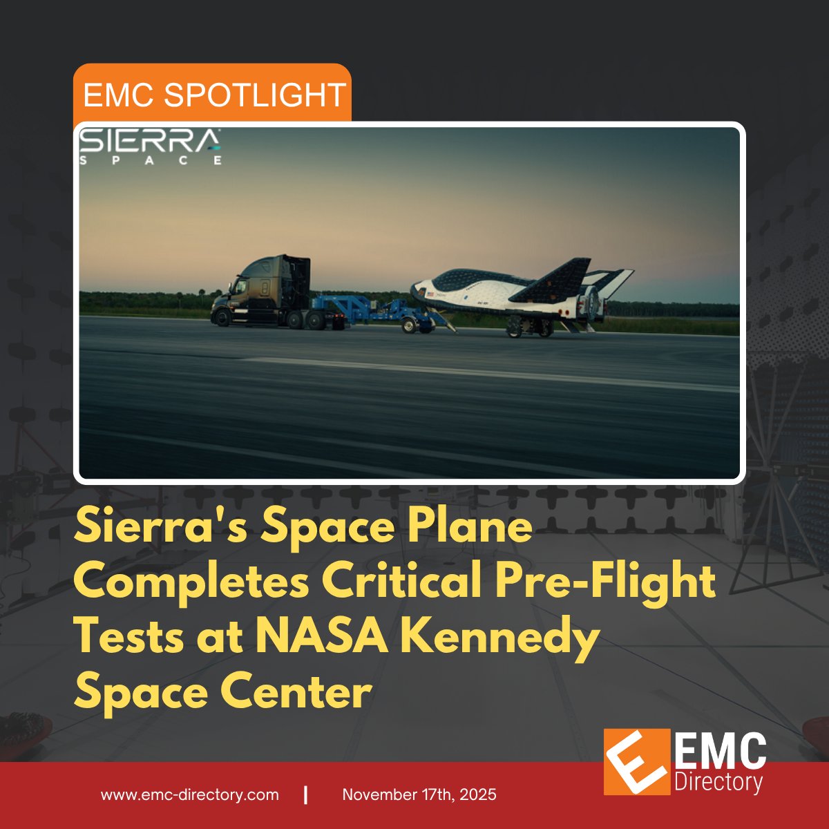 emcdirectory's tweet image. Sierra Space’s Dream Chaser moves closer to launch after completing key EMI/EMC tests at NASA KSC.

Read more: ow.ly/o0P250XsGNh

#emctesting #spotlight #industry #space #DreamChaser #NASA #EMI #EMC #aerospace #spacesystems