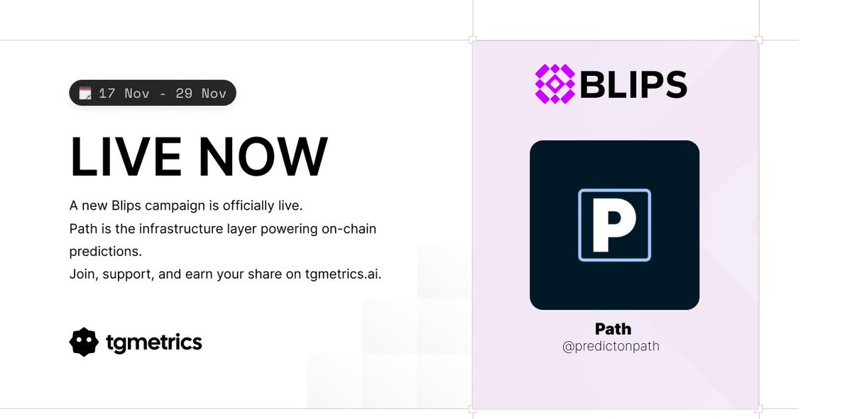 blipsdotrun's tweet image. Blippers, new campaign is LIVE! 🔥

@predictonpath is launching their first Blips campaign, allocating 1% of their supply to real supporters from 17 November, 14:00 UTC until 29 November.

This is how projects grow the right way, with real traction, real visibility, and real