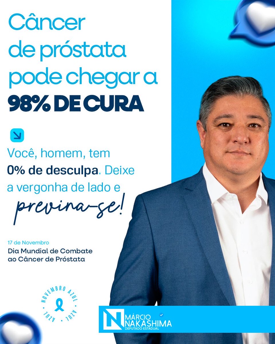 MarcioNakashima's tweet photo. No Dia Mundial de Combate ao Câncer de Próstata, reforçamos: prevenção salva vidas.

Quando descoberto cedo, a cura chega a 98%.

Homens, sem desculpas: cuidar da saúde é responsabilidade! Vamos juntos fortalecer o #NovembroAzul. https://t.co/PGMOFXdKe3