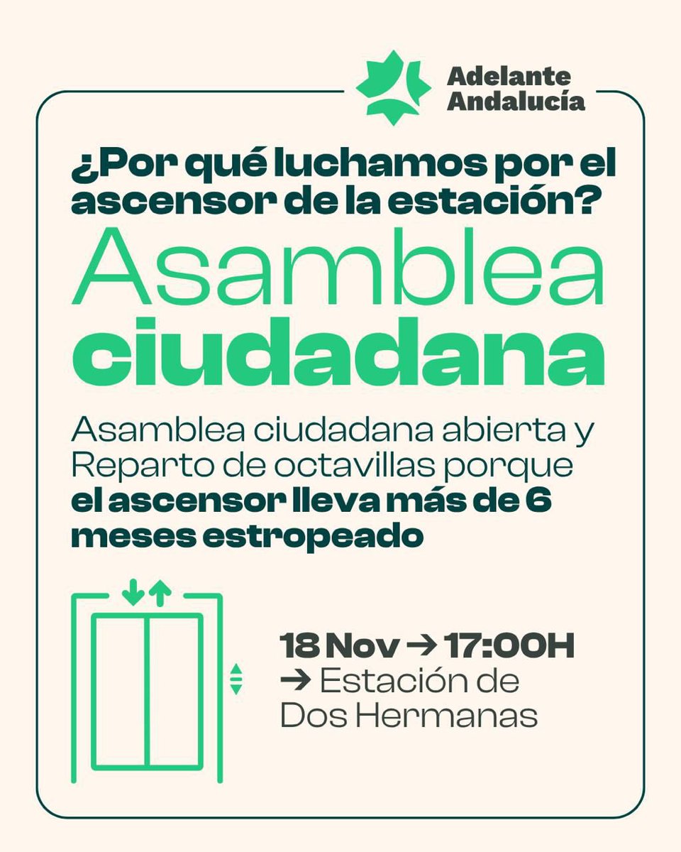 El ascensor de la estación de Dos Hermanas lleva más de seis meses averiado vulnerando los derechos fundamentales de movilidad y accesibilidad de muchas personas.
Ministro <a href="/oscar_puente_/">Óscar Puente</a> necesitamos su reparación inmediata y soluciones alternativas
 👥 Vendrá nuestra <a href="/beizator/">Begoña Iza</a>
