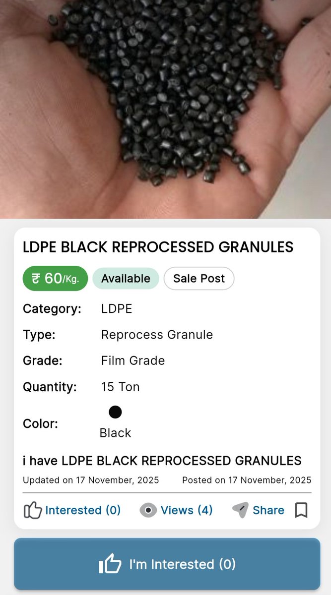 plastic4trade's tweet image. LDPE BLACK REPROCESSED GRANULES

More Details: Visit Plastic4trade App: plastic4trade.page.link/plastic4trade

Website:
plastic4trade.com

#ldpe #granules #plasticmarketplace #plastic4trade