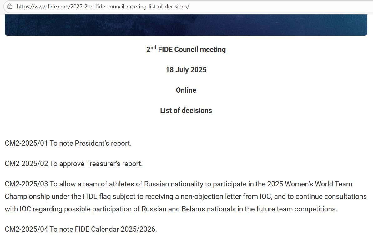 GMastrokoukos's tweet image. According to FIDE&apos;s own decision of 18 July, the participation of a Russian women&apos;s team in Spain is possible ONLY upon a letter of no-objection by the International Olympic Committee (IOC). Has anyone seen such a letter by the IOC? @FIDE_chess @TelegraphChess  @Chessdom…