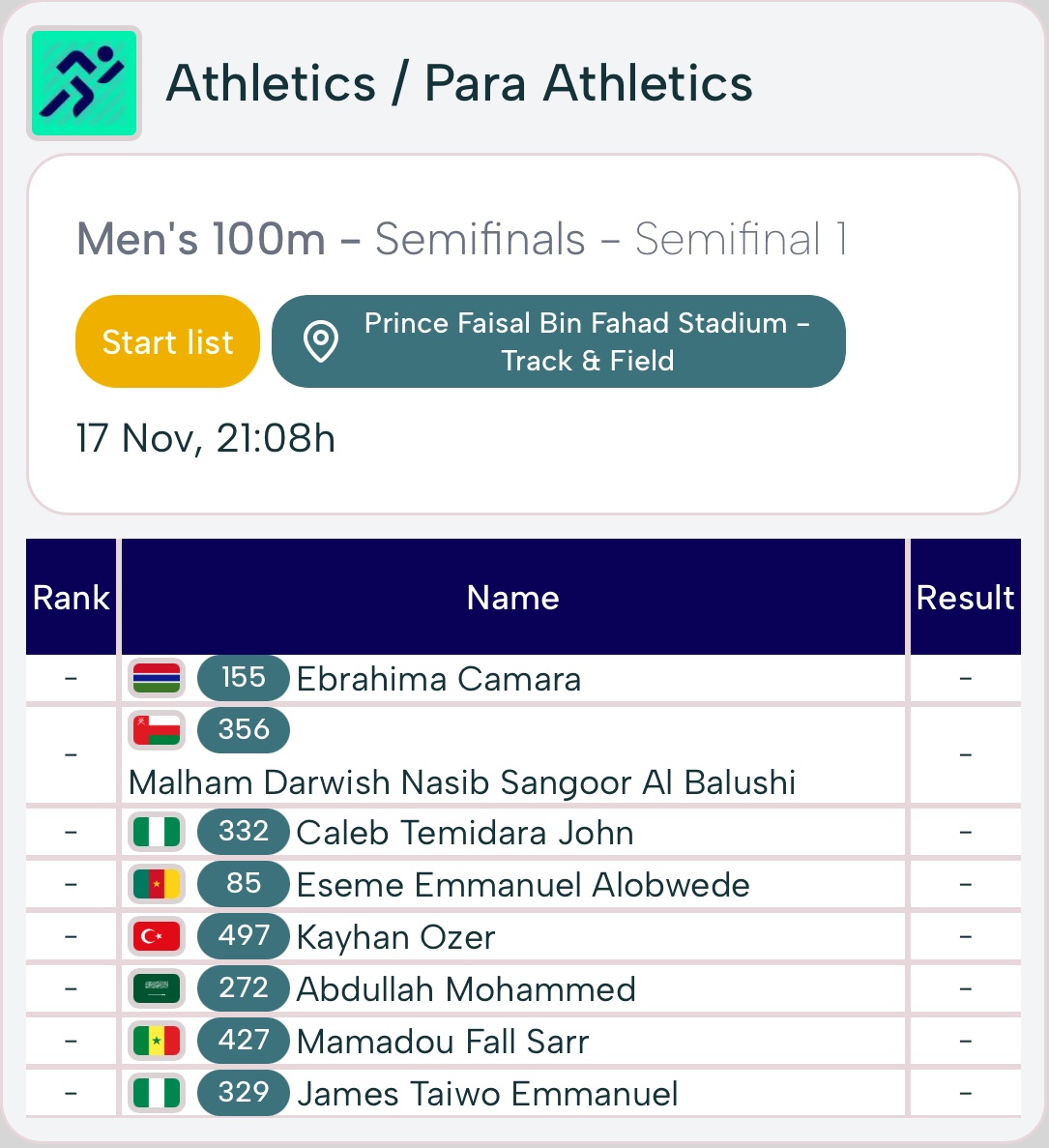 Medals will be up for grabs in the Day 1 Evening session of the Islamic Solidarity Games

Nigeria’s Discus Duo of Chioma Onyekwere-Lyons &amp; Obiageri Amaechi have their final

Caleb John &amp; James Emmanuel will both run in the first Men’s 100m semifinal with a chance at the final