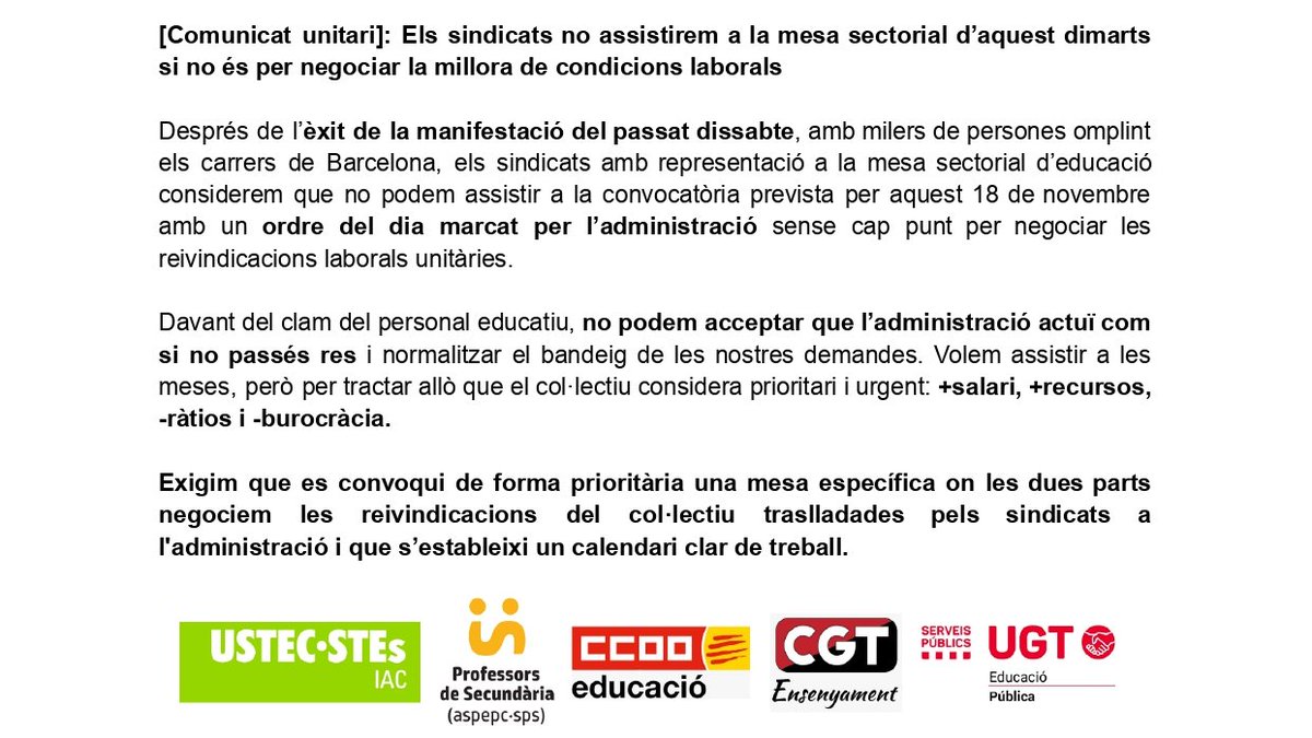 🔴⚫️[Comunicat unitari]: Els sindicats no assistirem a la mesa sectorial d’aquest dimarts si no és per negociar la millora de condicions laborals
🔗Accés comunicat cgtensenyament.cat/sindicats-no-a…