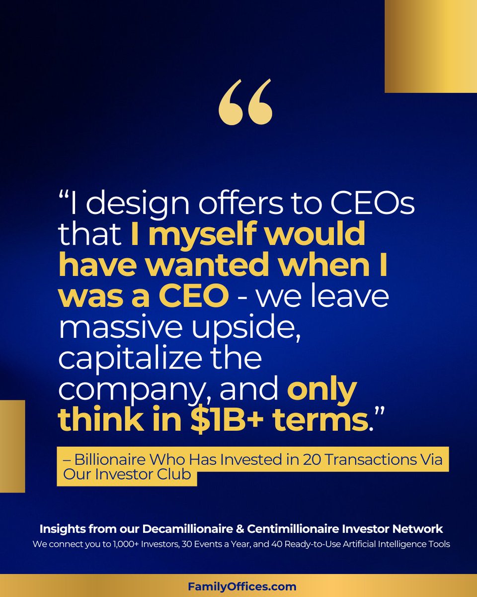 RichardCWilson's tweet image. Would you say yes to your own offer? This billionaire only builds deals he would take as a CEO.

Join us for our 12th annual Family Office Super Summit this December to see how elite capital structures real value. 👉 familyoffices.com/super/

#Dealmaking #SuperSummit