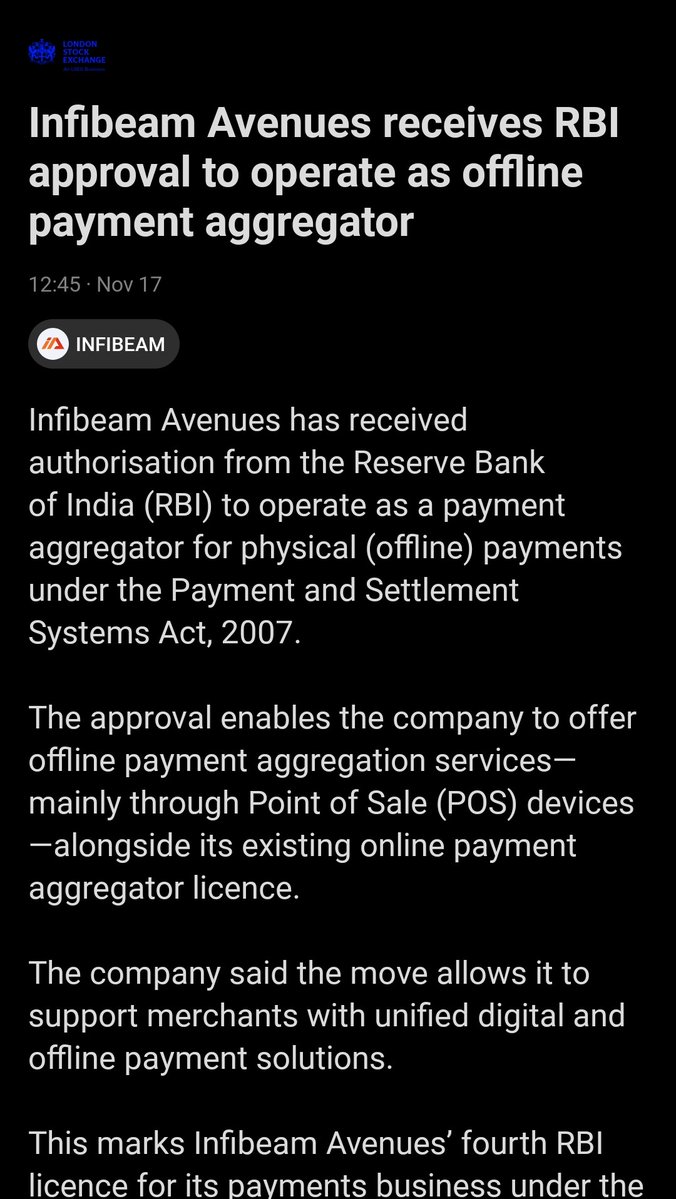 tejas485585's tweet image. 🚀 #Infibeam Avenues secures its 4th RBI license 🏦, expanding into offline payments via POS under the Payment Aggregator framework 📲💳—a strategic leap toward unified merchant solutions! 🔗📈
#StockMarket